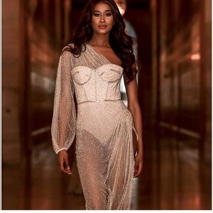 Jovani Elegant Sheer Cream Dress